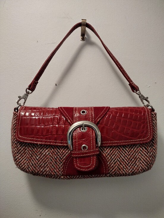 Handbags - Red Leather & Tweed Shoulder Bag with Buckle Accent
